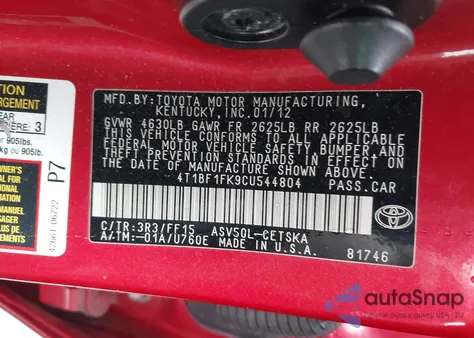 2012 Toyota Camry Se из США, поврежденный, VIN 4T1BF1FK9CU544804